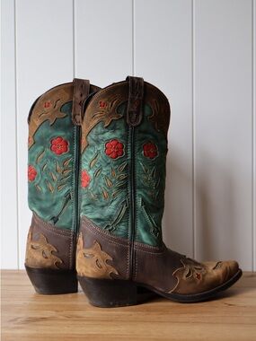 Laredo Women's Miss Kate Floral Leather Western Cowboy Boots 7.5 Brown & Teal